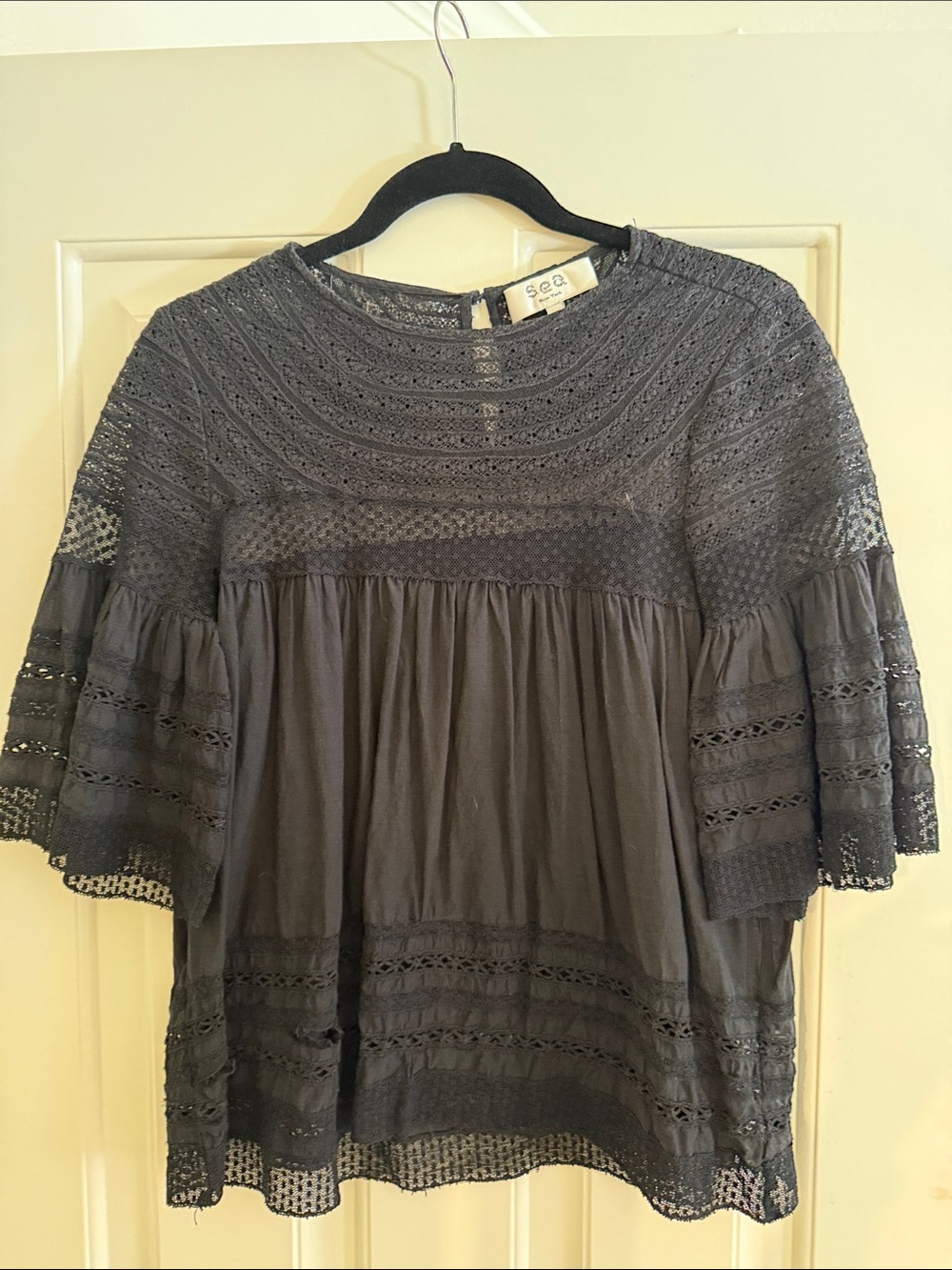 Sea Charcoal Lace Yoke Peasant Top